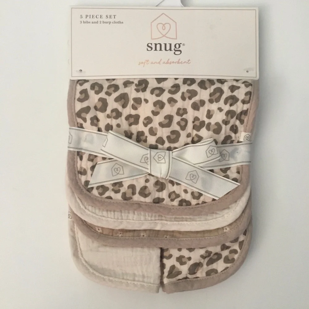Snug 5-Piece Baby Bib & Burp Cloth Set - Leopard Print Cotton NEW